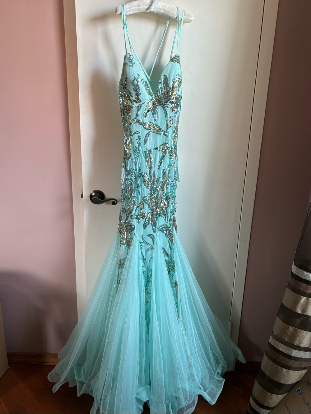 Sz S Small Aqua Blue Sequin Mermaid Gown Dress Party Lace Prom Formal $145